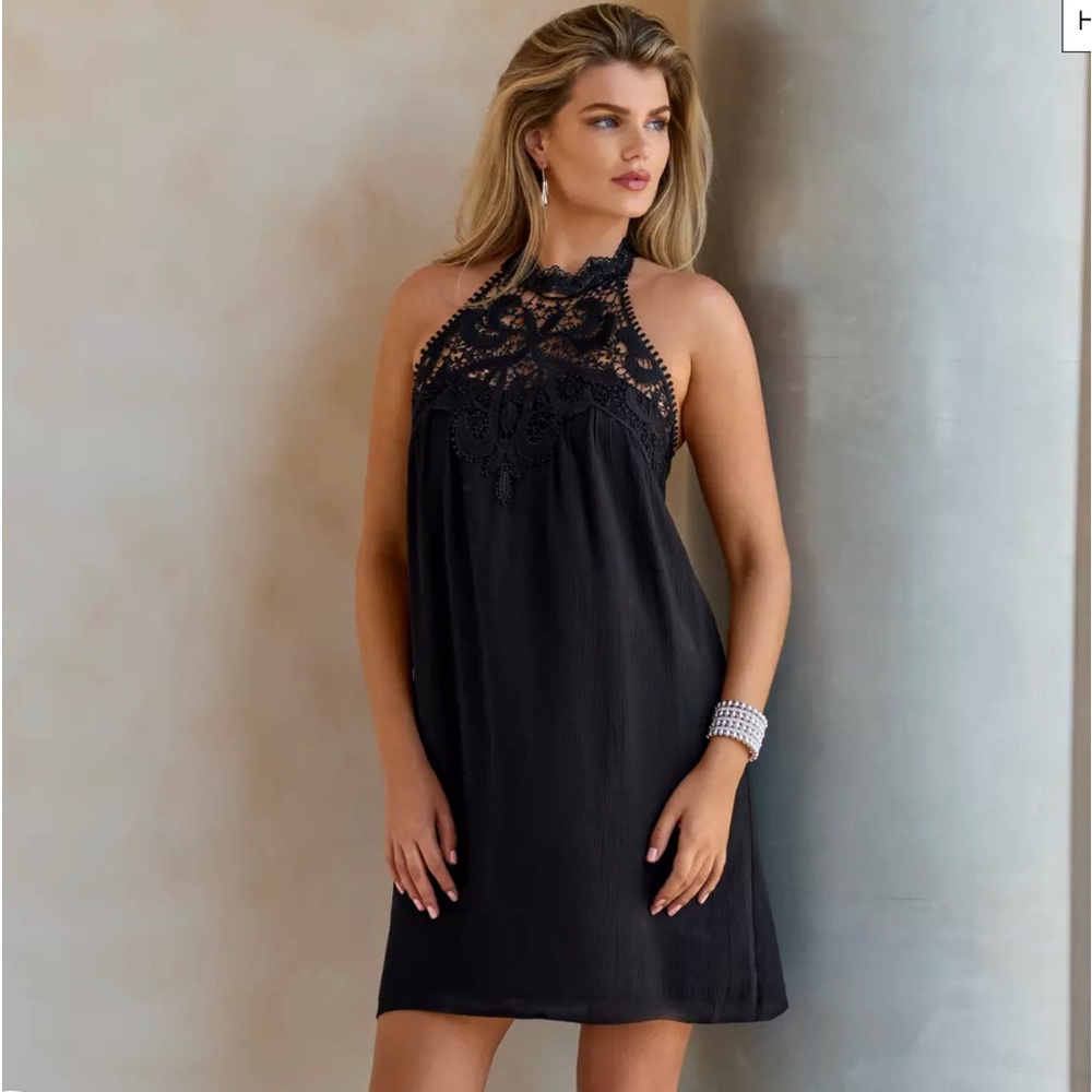 Boston Proper NWT!!! Lace High Neck Gauze Swing Dress Black L